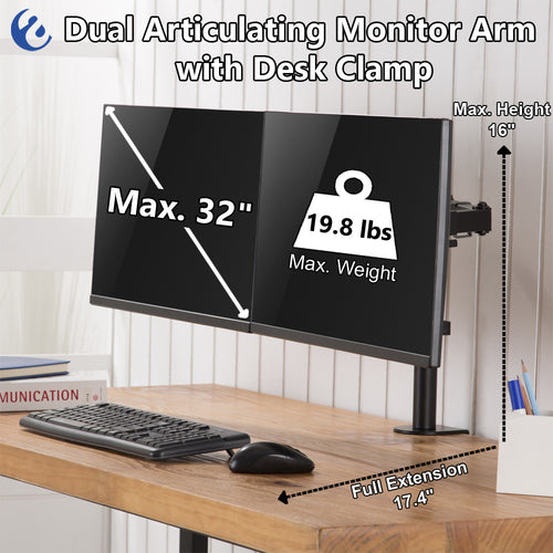Amer Mounts Dual Monitor Arm Desk Clamp 2EZCLAMPMK – Full Motion Articulating VESA Mount 17"-32", 90° Tilt 180° Swivel 360° Rotation, Cable Management, Home Office Gaming | Canada