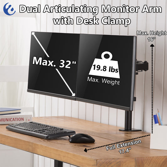 Dual Articulating Monitor Arm with Desk Clamp For 17"-32" Screens - Amer Mounts 2EZCLAMPMK
