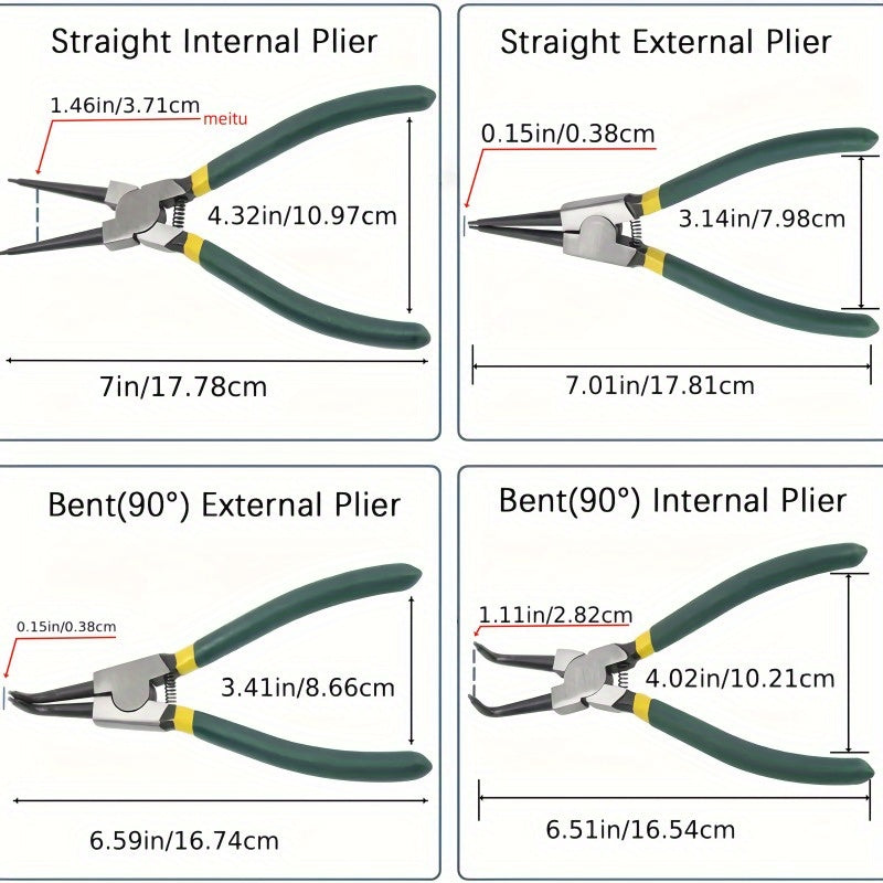 4pcs Professional Card Spiral Wrench Set, 7-inch Heavy Duty Ring Stop, Right Angle/ Bent Neck, Chrome Vanadium Steel, Type C-Clamp For Internal/ External Ring Removal, Metal Construction | Professional Wrench Set.Valentine'S Day Gifts For Men.