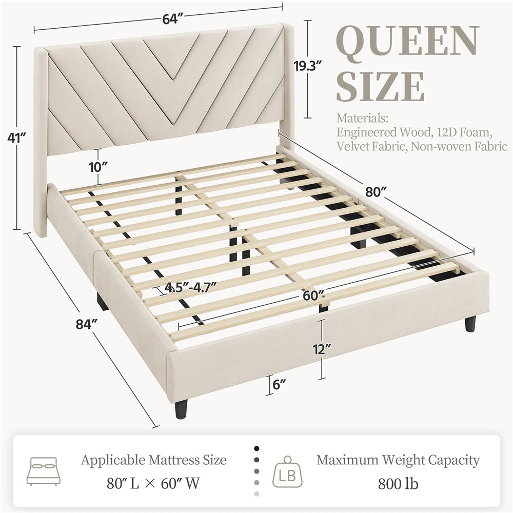 ALDEN DESIGN Upholstered Platform Bed,Upholstered Platform Bed with Wing Edge, Bed Frame with Wooden Support Slats, Upholstered Platform Bed with Tufted Headboard, Upholstered Bed with Headboard, Queen/Full,Beige/Dark Gray/Light Gray/Pink