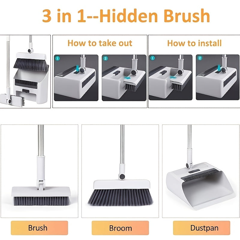 3-in-1 Folding Broom, Dustpan & Floor Brush Set Soft Bristles for Hair-Free, Efficient Cleaning Long Handle for Flexible, Effortless Use Versatile for Home, Office & Dorm Settings Compact Storage Cleaning Essential