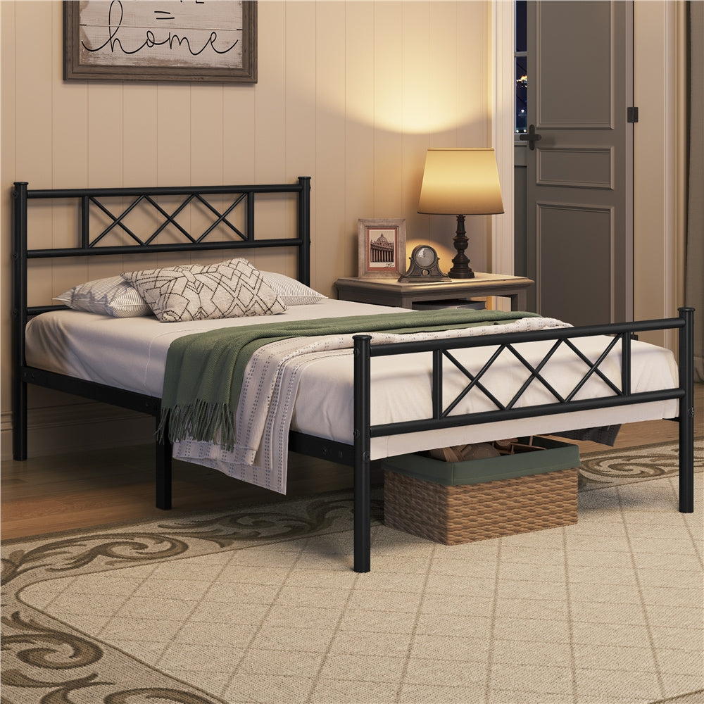 ALDEN DESIGN Bed Frame, Metal Platform Bed with Cross-design Headboard, Bed Base, Metal Bed Frame with Footboard for Bedrooms, Guest Rooms, Dormitories, Apartments, Black/White,Twin/Full/Queen Size