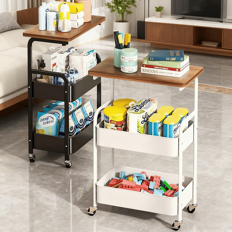 Versatile 3-Tier Rolling Storage Cart with Wheels - Slim Design, Wooden Top & Mesh Baskets for Kitchen, Office, Bathroom - Durable Metal Frame, Powder-Coated Finish - Black/White