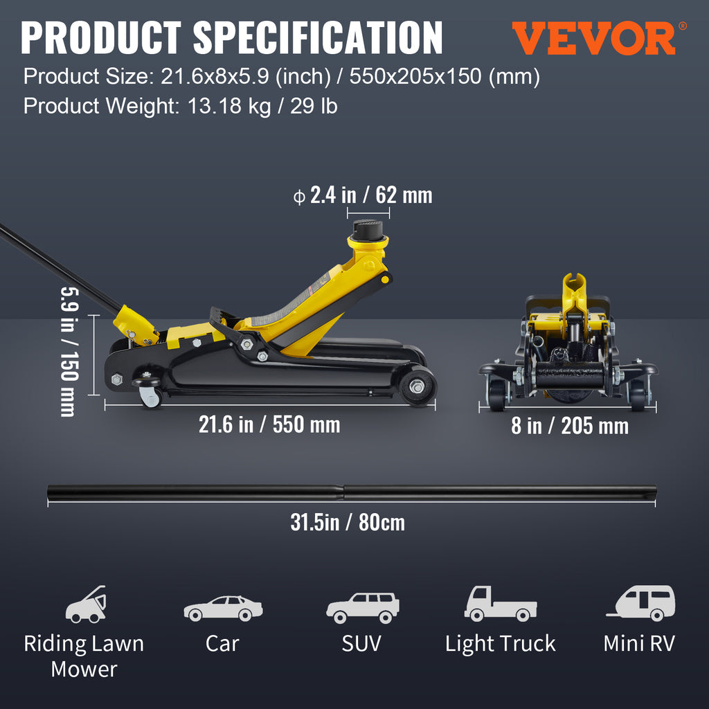 VEVOR Floor Jack, 2.5 Ton Low Profile Floor Jack, Heavy-duty Steel Racing Floor Jack With Single Piston Lift Pump, Floor Jack Lifting Range 3.35"-14.96"