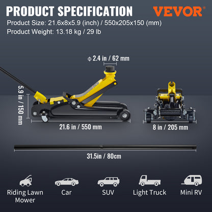 2.5 Ton Low Profile Floor Jack Heavy Duty Steel with Single Piston Hydraulic Pump, 3.35"-14.96" Lift Range, Fits Cars Trucks SUVs – VEVOR