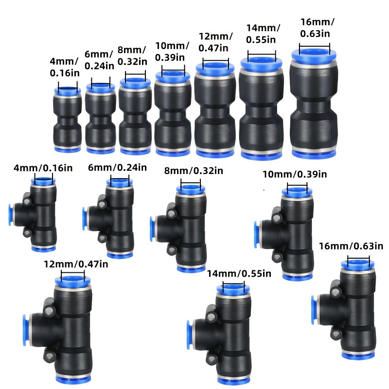 Straight Push-In Pneumatic Fittings for PU & PE Air Tubing – Quick-Connect & Quick-Release Air Hose Couplings, 4/6/8/10/12/14/16mm Sizes for Air Compressor Lines, Workshop & DIY Projects