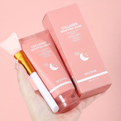 Nighttime Collagen Sleeping Mask with Brush – Hydrolyzed Collagen, Niacinamide, Hyaluronic Acid & Vitamin C Korean Skincare for Elasticity, Hydration & Firming, 2.71 oz