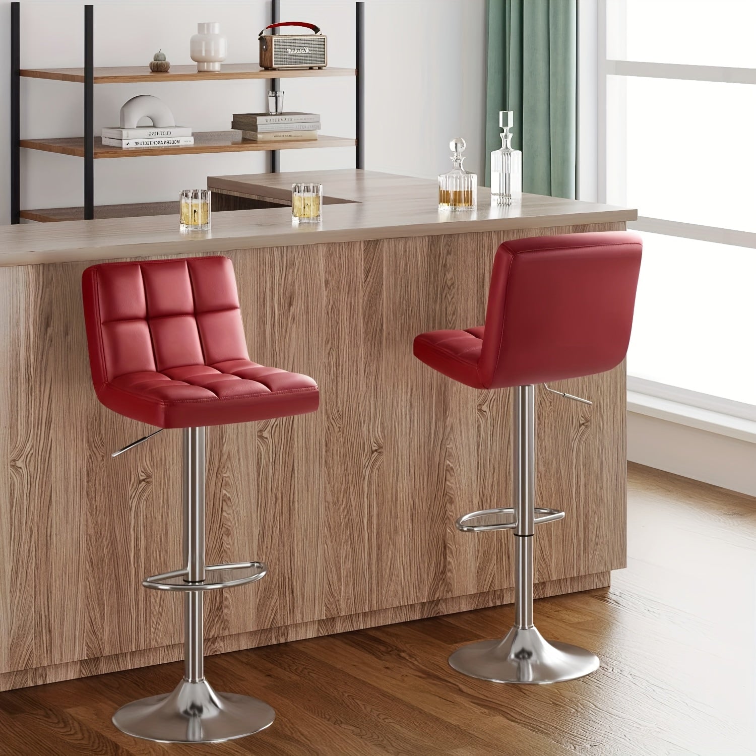 GUNJI Bar Stools Set Of 2, Modern Pu Leather Swivel Adjustable Bar Stool Square Height Stool Bar Chair for Cafe Pub Armless Kitchen Counter Dining Room