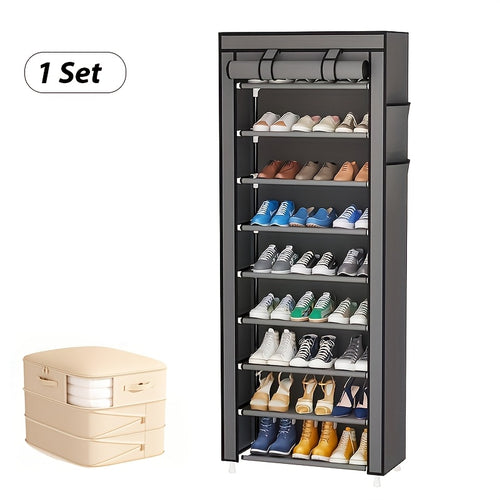 Portable Shoe Rack with Cover 3/9-Tier – Non-Woven Fabric Dustproof Shoe Shelf Organizer for Closet Hallway Bedroom & Entryway, Space-Saving Freestanding Shoe Storage – Grey & Black