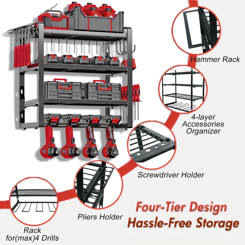 Wall Mounted Power Tool Storage Rack, Garage Tool Storage Rack, And Storage Rack with Screw Rack/Pliers Rack/Hammer Rack, 4Layer8Drill, 3Layer7Drill, 4Layer4Drill, 2Layer4Drill, A Gift for The Family, Storage Racks