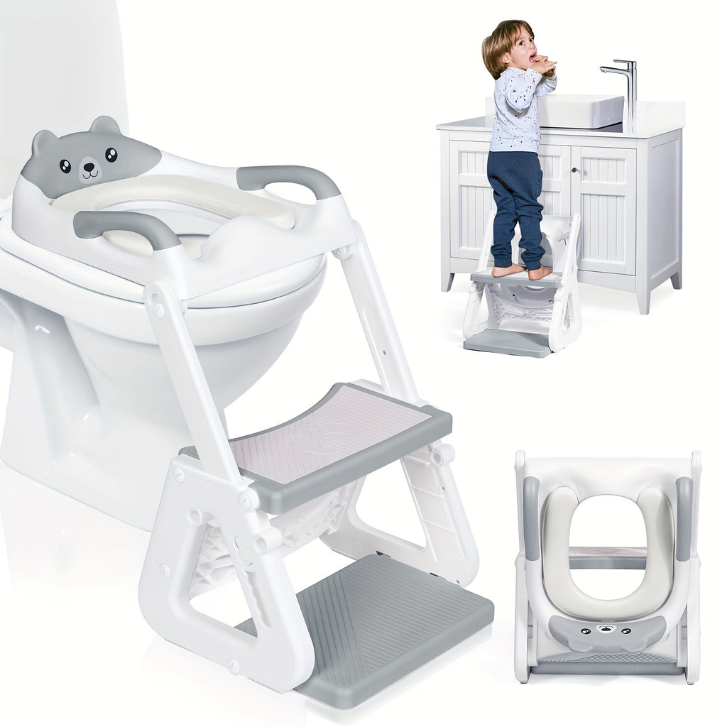 2-IN-1 Potty Training Toilet Seat with Step Stool for Toddler, Stability Training Potty Seat for Kids Boys Girls with Splash Guard And Anti-Slip Pad, Adjustable Ladder & Potty Seat Height, Grey
