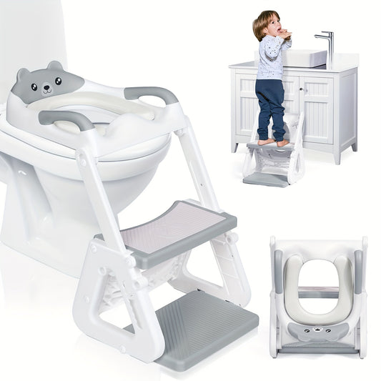 2-IN-1 Potty Training Toilet Seat with Step Stool for Toddler, Stability Training Potty Seat for Kids Boys Girls with Splash Guard And Anti-Slip Pad, Adjustable Ladder & Potty Seat Height, Grey