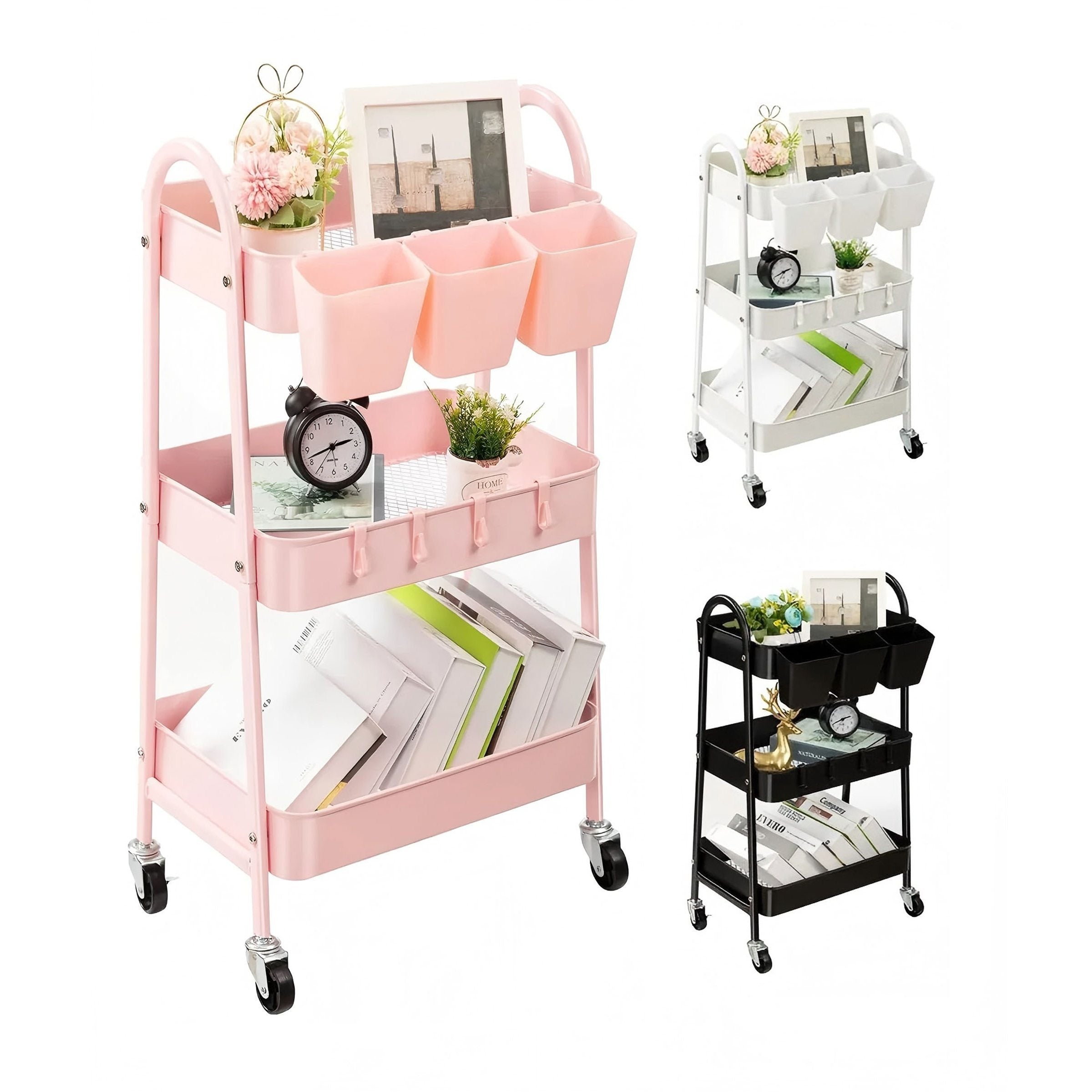 3-Tier Rolling Storage Cart with Lockable Wheels - Metal Mesh Utility Cart 15kg Per Shelf, 360 Degree Casters, Hanging Baskets and Hooks, for Kitchen Bathroom Garage Classroom Craft Canada