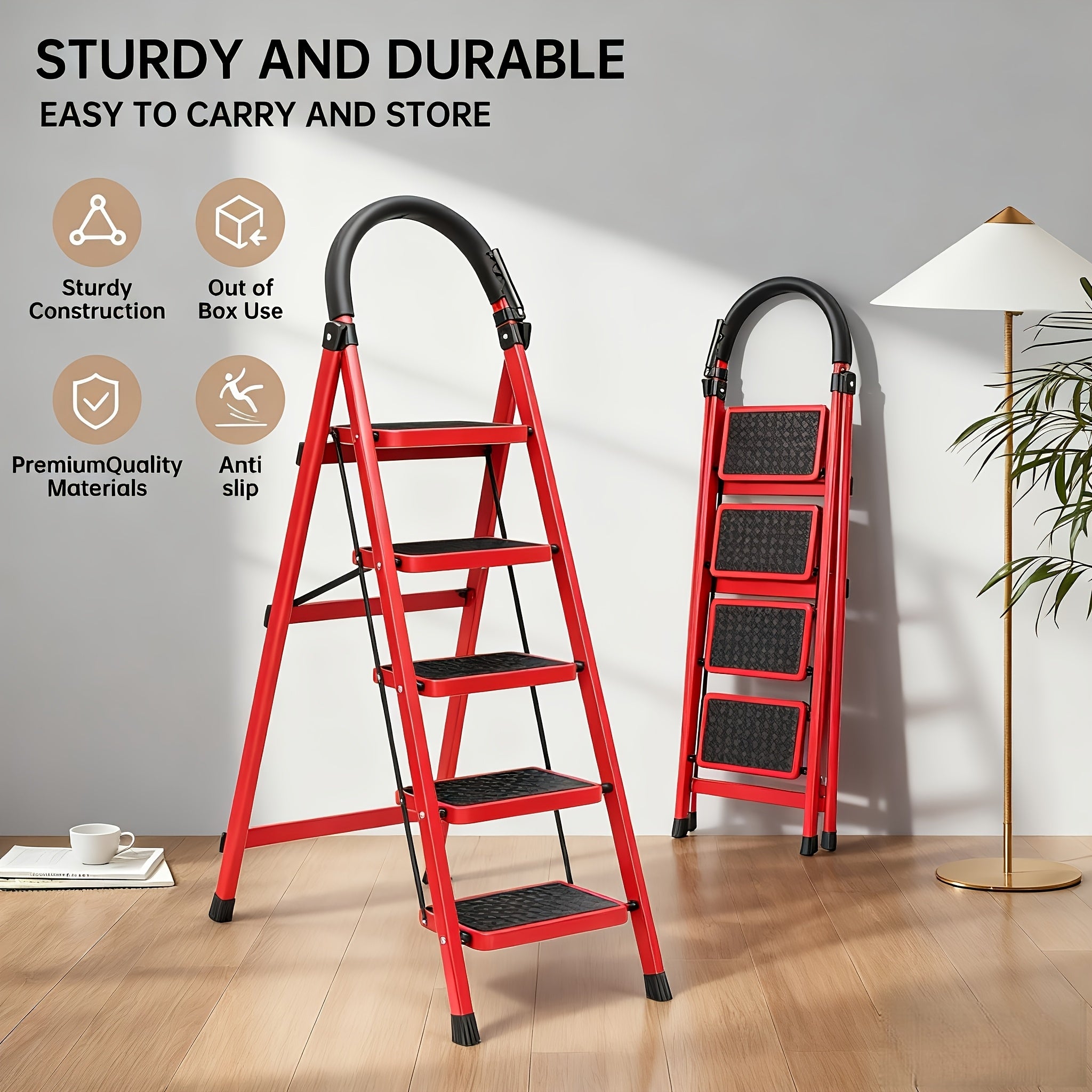 550 Heavy-Duty 3/4/5-Step Folding Ladder - Heavy-Duty A-Frame Metal Ladder with Thickened Non-Slip Iron Steps, Wide Base And Locking System, 3/4/5-Section Foldable Design for Home - 550 Weight Capacity (Use)