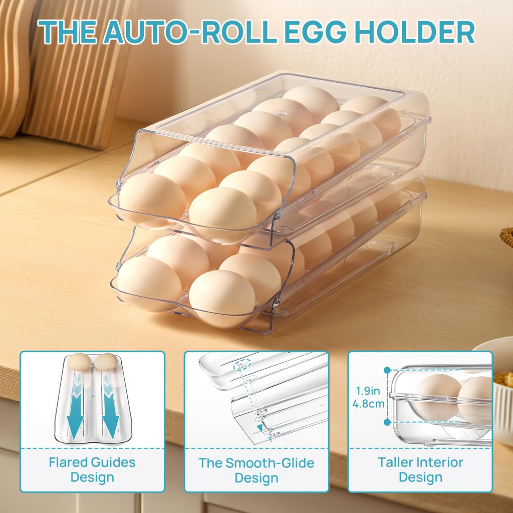 Lear Plastic Egg Holder for Fridge, Automatic Rolling Egg Container for Refrigerator, Stackable 14-Count Eggs Organizer with Removable Inner Tray, Fridge Organizers And Storage, 1/2Pack