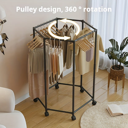 Rotatable Clothing Rack with Wheels – Sturdy 16mm Metal Hexagonal Freestanding Garment Hanger, Portable Vertical Clothes Storage for Bedroom, Laundry Room & Closet, Black or White