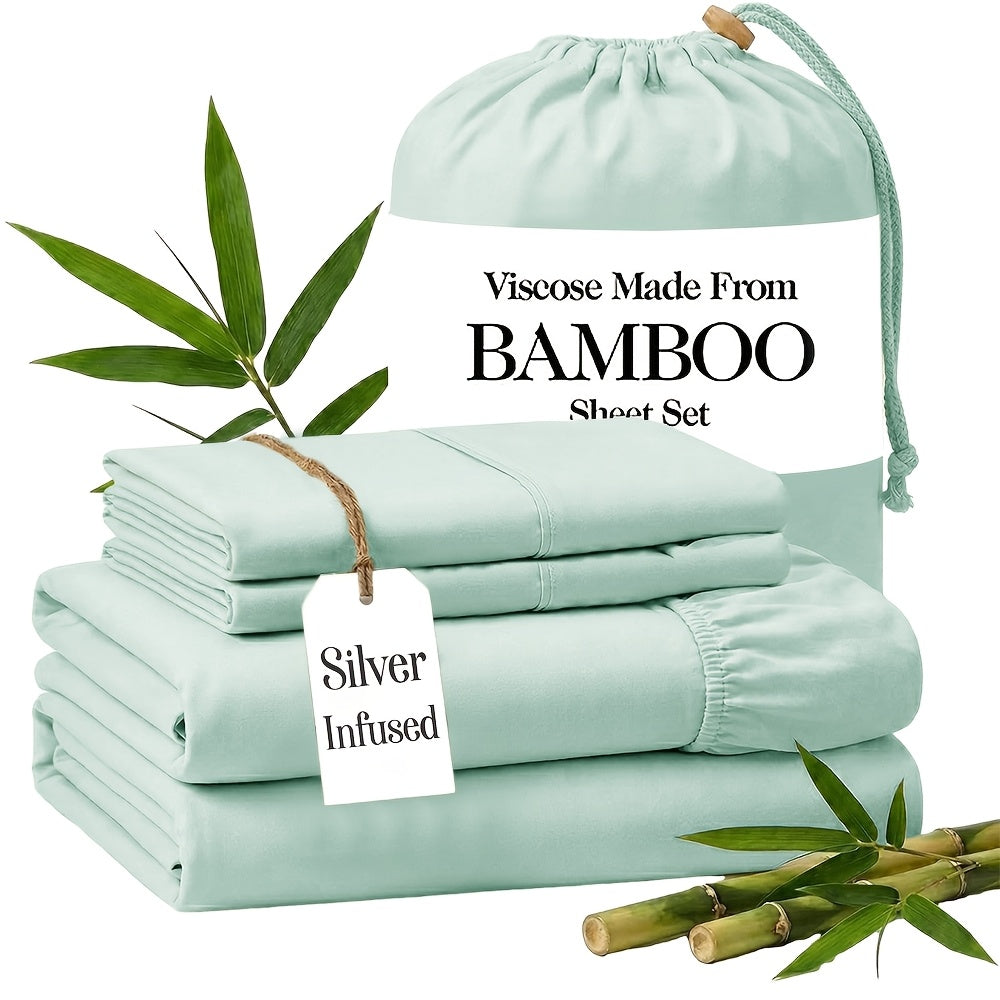 Silver Infused Bamboo Sheet Set 3/4pcs – Ultra-Soft Cooling Bed Sheets with 17" Deep Pockets, Antibacterial Wrinkle-Free Viscose Bedding for Hot Sleepers, Fitted Sheet, Flat Sheet & Pillowcases, Twin Full Queen King, 7 Colours