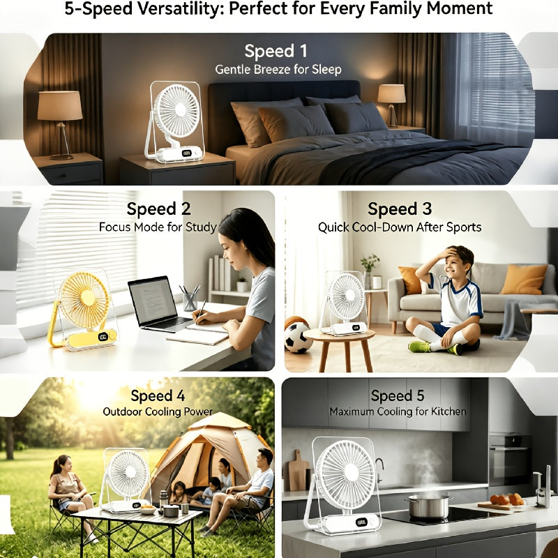 Rechargeable Circulating Cooling Fan, 5-Speed Cooling System - 3000Mah Battery, Wide-Angle Air Supply, Digital Display, Suitable for Home, Office, Camping, Portable Multifunctional Wall-Mounted And Desktop Air Conditioning Fan