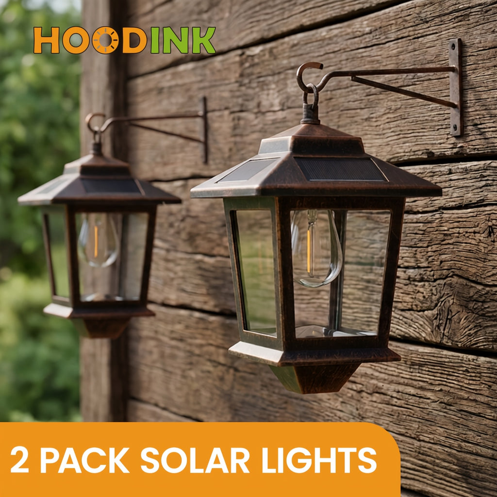 Set of 2 Solar-Powered Wall Lanterns, Designed for Outdoor Use, Featuring 4 Solar Panels, LED Lights That Operate from Dusk Till Dawn, Rust-Resistant And Waterproof with Hooks Included