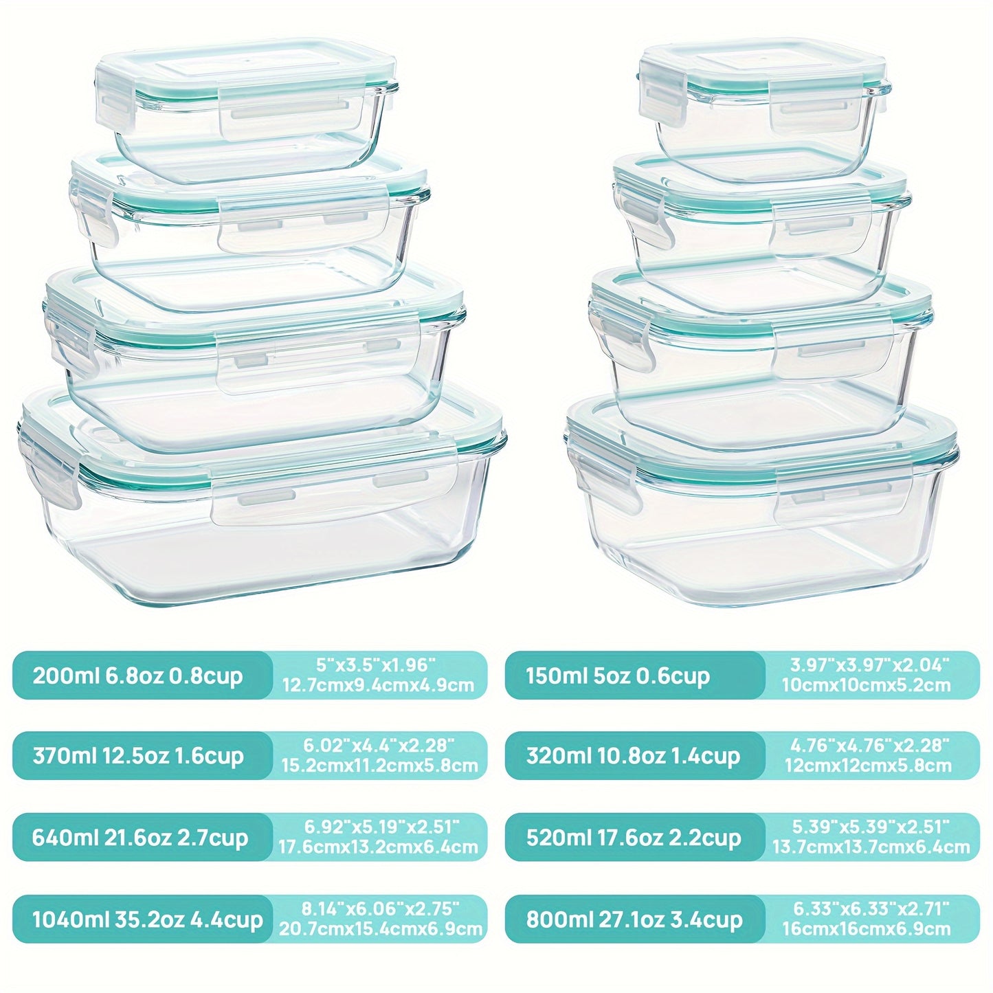 Airtight Glass Food Storage Containers 8pcs – Leak-Proof Borosilicate Meal Prep Containers with Locking Lids, Microwave, Oven, Freezer & Dishwasher Safe, Rectangular BPA-Free Storage Set for Kitchen & On-the-Go, Blue Multicolor