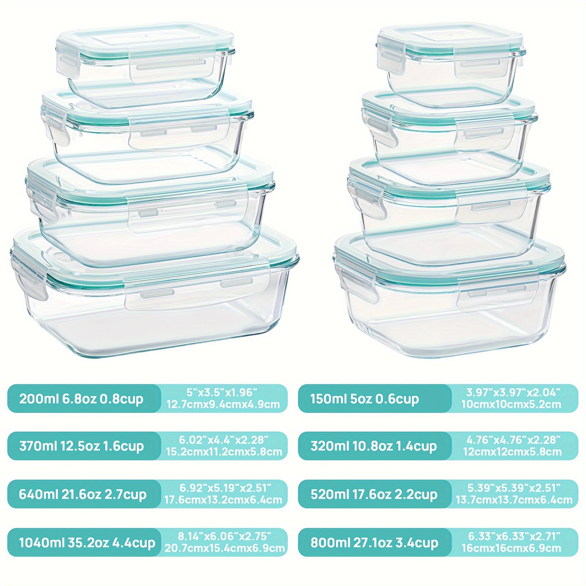 8pcs Airtight Glass Food Storage Containers with Leak-Proof Locking Lids- Microwave, Oven, Freezer& Dishwasher Safe, Perfect for Meal Prep& Multi-Purpose Kitchen Use, Glass Meal Prep Containers|Rectangular Shape|Durable Design, Meal Prep Container