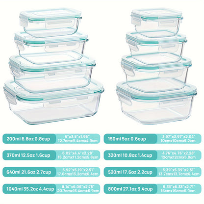 Airtight Glass Food Storage Containers 8pcs – Leak-Proof Borosilicate Meal Prep Containers with Locking Lids, Microwave, Oven, Freezer & Dishwasher Safe, Rectangular BPA-Free Storage Set for Kitchen & On-the-Go, Blue Multicolor