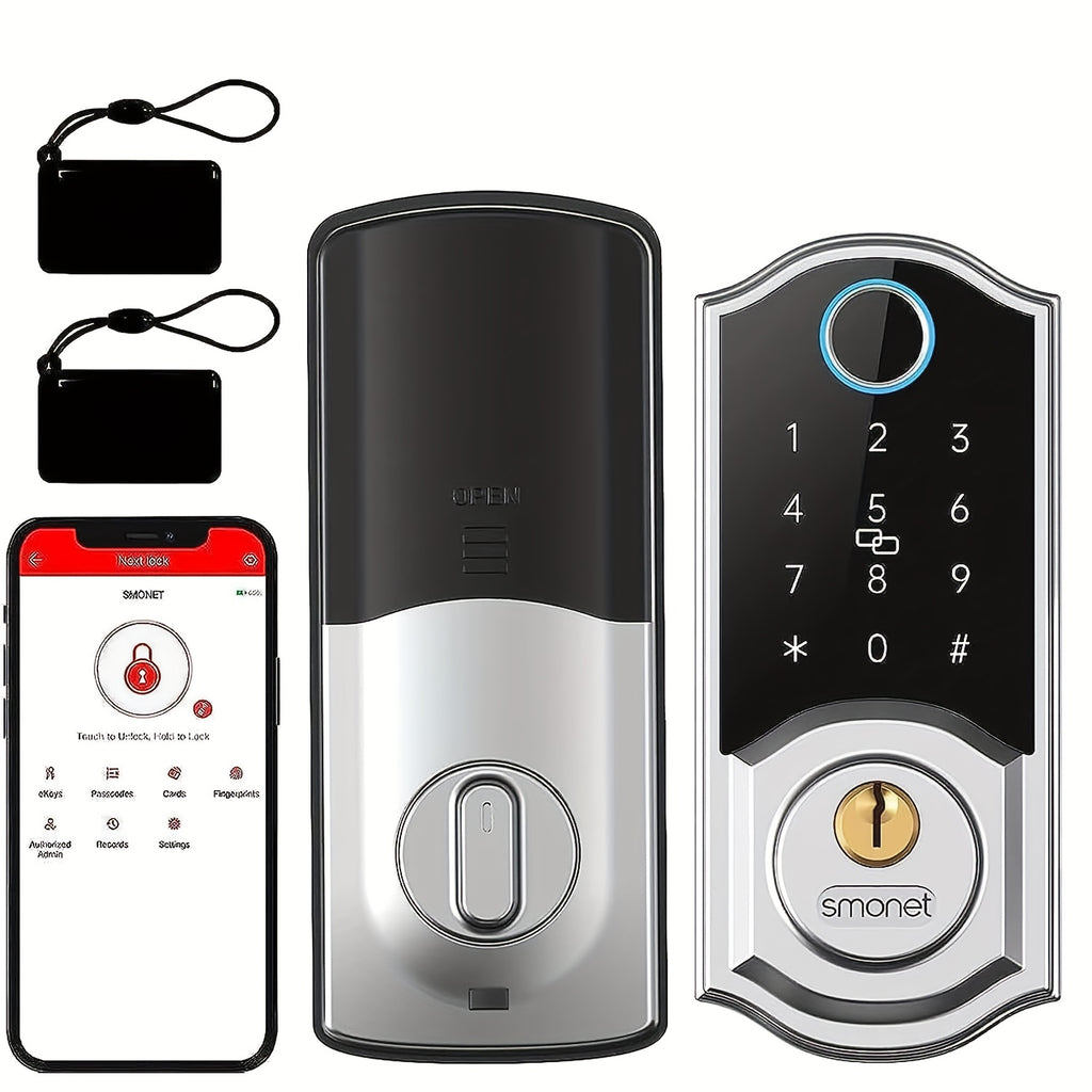 SMONET Smart Front Door Lock Handle Set, Keyless Entry Door Lock with Handle, Smart Deadbolt Auto-Lock Easy to Install, Fingerprint Keypad Buletooth Digital Deadbolt, Work with Alexa, App Control Black