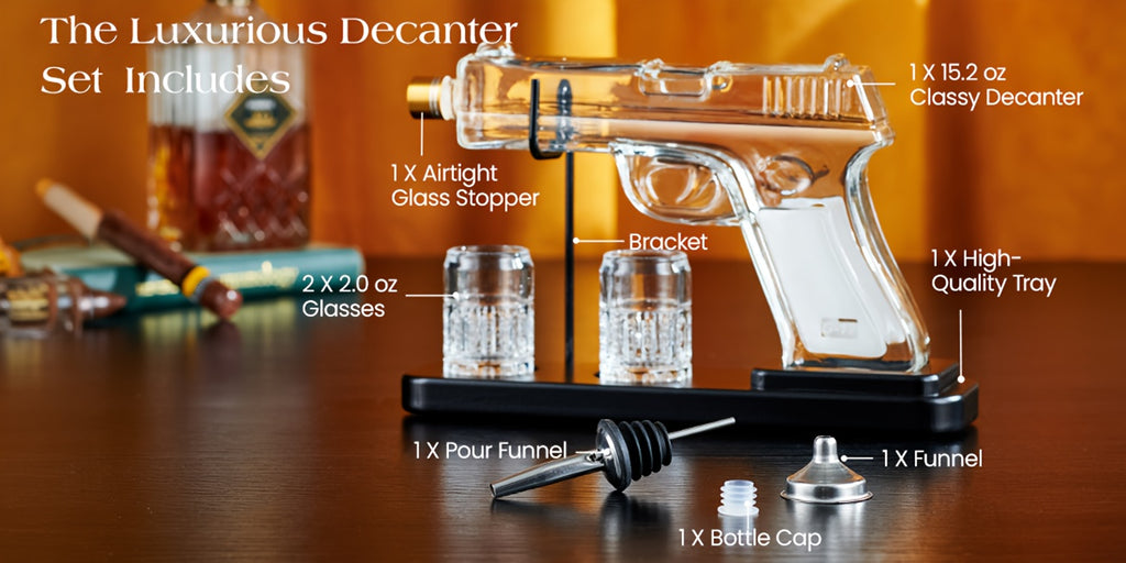 Father's Day Mother's Day Gifts, Whiskey Decanter & 2 Shot Glass, Unique Birthday Gift Ideas, Anniversary Gift for Him, Husband, Cool Pistol Holder Dispenser for Liquor Bar