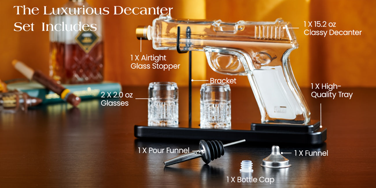 Pistol Whiskey Decanter Set with 2 Shot Glasses – Cool Gun-Shaped Liquor Dispenser for Home Bar, Unique Birthday Anniversary Father's Day Gift for Him, Husband, Men Who Have Everything