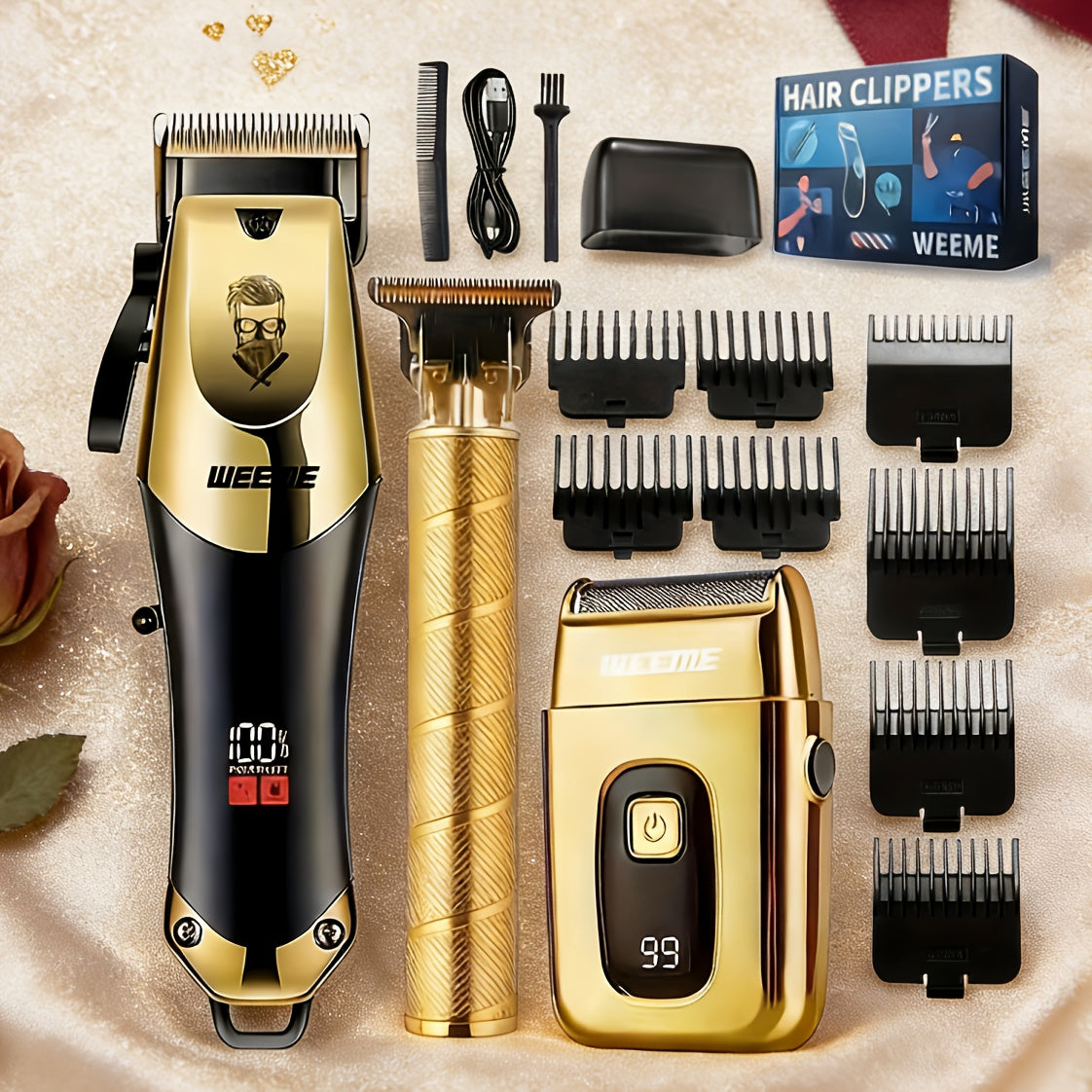 WEEME 1pc/3pcs Men's Grooming Kit, Golden Balck Hair Clippers with LCD Display, USB Rechargeable, 8 Guide Combs, Trimmer And Shaver, with Cleaning Brushes And Comb, Perfect Valentine'sGift for Men.