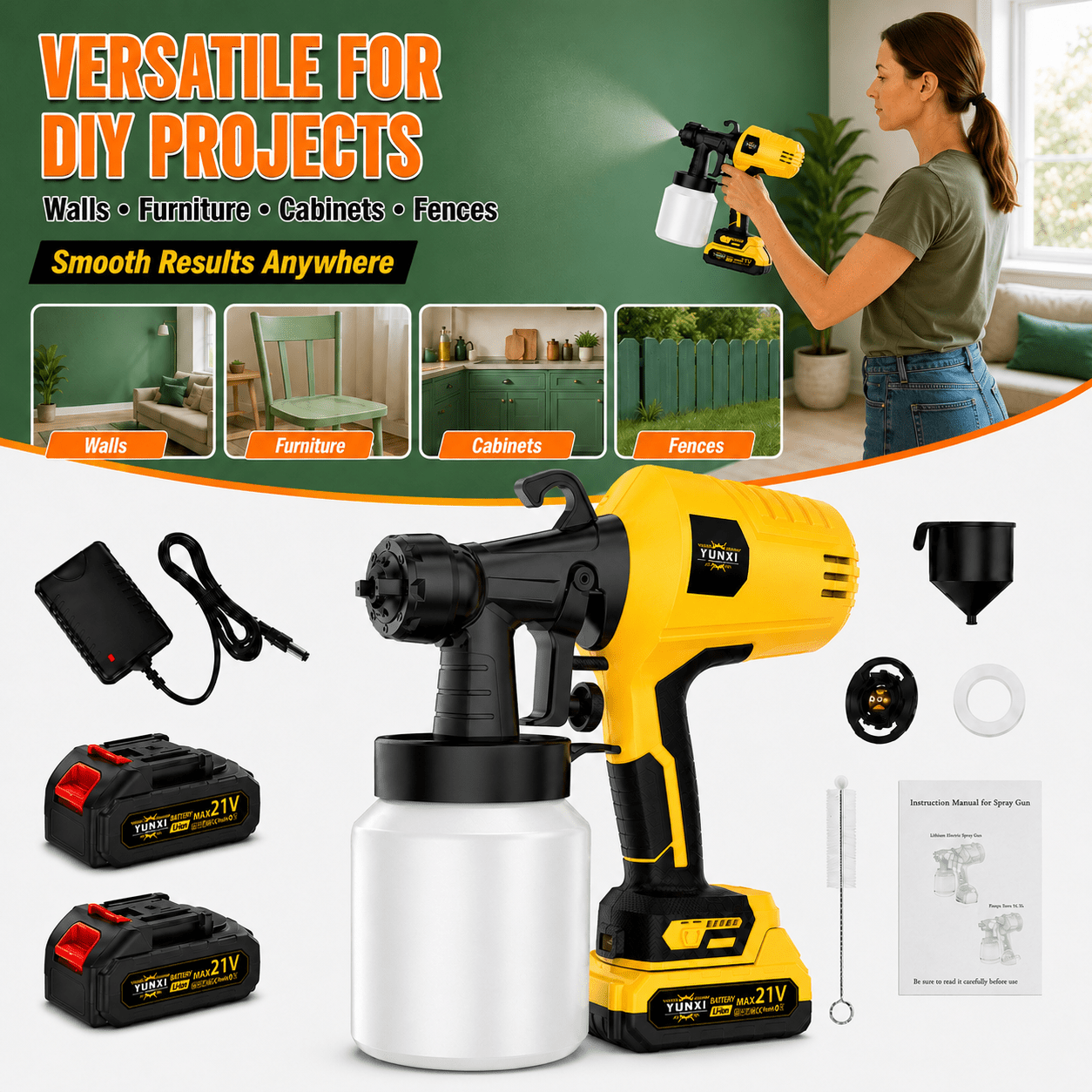 Cordless Paint Sprayer with Rechargeable Battery, High-Pressure Electric Spray Gun for Furniture, Cabinets, Fences, Walls & Doors, Variable Flow DIY Paint Sprayer for Home Renovation
