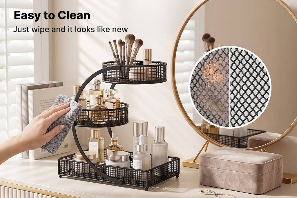 3-Tier Rotating Makeup Shelf - Portable No-Assembly Dressing Table & Bathroom Countertop Storage Rack with Rotating Shelves Suitable for Cosmetics, Skincare, Nail Polish, Lipstick, Perfume - Space-Saving Rotator for