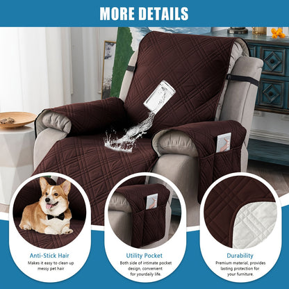 Waterproof Recliner Chair Cover Non-Slip Slipcover with Pocket – 5-Layer Quilted Furniture Protector for Pets, Washable, Easy Install, Elastic Straps – 9 Colours Including Black, Grey & Beige