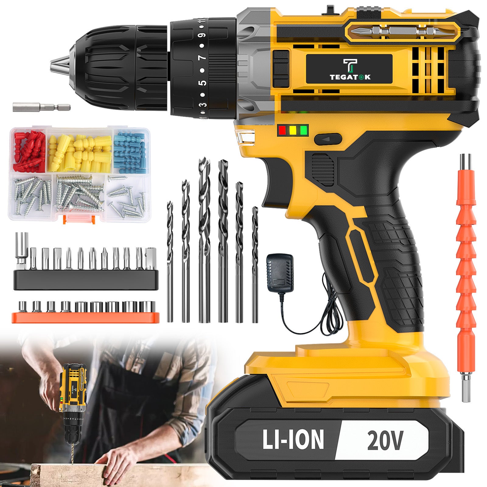 20V Cordless Drill Tool Set, Equipped with Drill and Electric Screwdriver, Speed and Torque Adjustment Function, Suitable for Home Improvement, Industrial Concrete Walls Wood and Metal, Effortless Hole Drilling and Screw Tightening