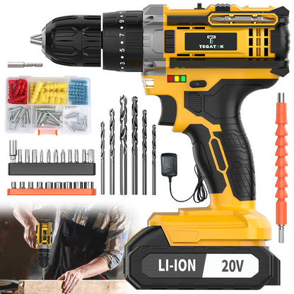 20V Cordless Drill Tool Set with Speed & Torque Adjustment – 2-in-1 Drill & Electric Screwdriver for Home Improvement, Industrial Use, Concrete Walls, Wood & Metal Drilling and Screw Tightening