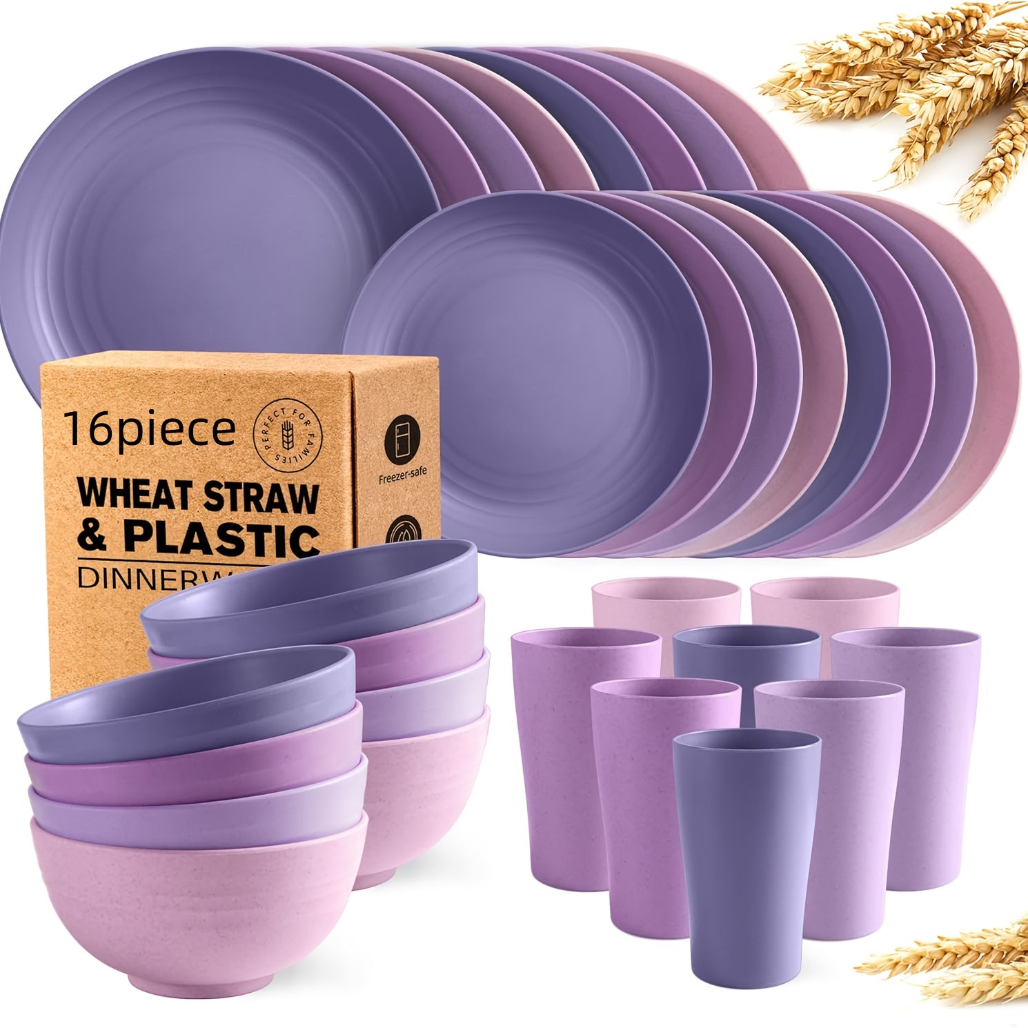 Wheat Straw Dinnerware Set 16/32pcs – Eco-Friendly Plates, Dessert Plates, Cereal Bowls & Cups for 4/8 People, Durable Shatterproof Outdoor Camping Tableware for Family Gatherings, Parties & Everyday Use, Multiple Colours