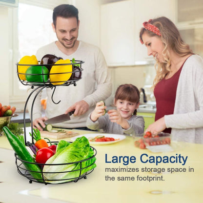 Tiered Fruit Basket Bowl with Banana Hanger – Countertop Fruit & Vegetable Storage, Chrome Wire Organizer, 3-Raised Feet, Classic Ironwork Kitchen Decor | ShopVora CA