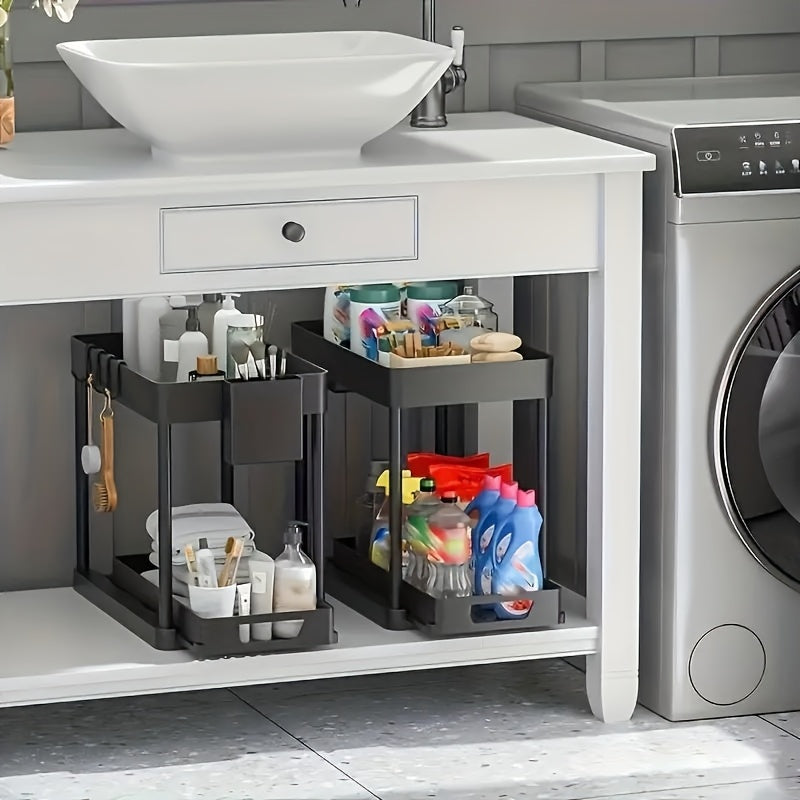 Pull-Out Under Sink Organizer 2-Pack with Hooks – Space-Saving Cabinet Storage Basket for Bathroom & Kitchen, Bottom Shelf Organizer, Black