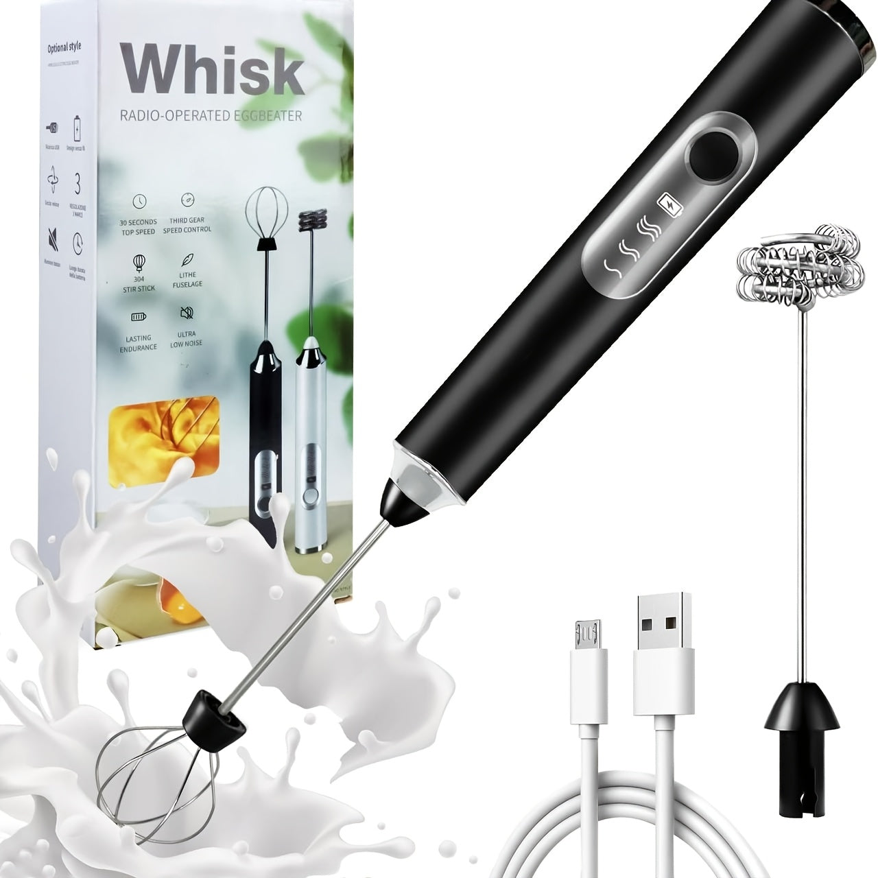 Mini Hand Mixer, Household Cordless Electric Hand Mixer, USB Rechargable Handheld Egg Beater with 2 Detachable Stir Whisks with 3 Speed Modes for Kitchen Baking