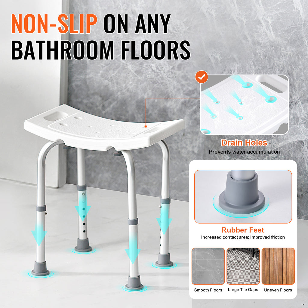 VEVOR Shower Chair, Adjustable Height Shower Stool, Shower Seat for Inside Shower or Tub, Non-Slip Bench Bathtub Stool Seat for Elderly Disabled Handicap, 350 LBS/ 500 LBS Capacity, No handrails/With handrails