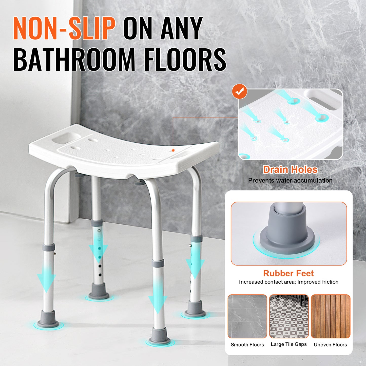 Shower Chair for Elderly & Disabled with Adjustable Height – Non-Slip Bathtub Bench Seat, 350/500 LBS Capacity, Aluminum Alloy, Shower Head Holder & Storage Bag Included, Optional Handrails | VEVOR
