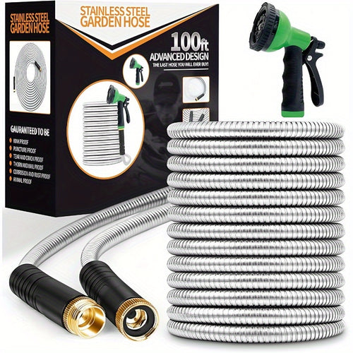 100Ft Heavy Duty Stainless Steel Garden Hose with 10-Function Nozzle & 3/4" Connector - Flexible Leak-Proof Water Pipe for Yard, Lawn, Car Wash & Pet Cleaning, Reinforced Outdoor Garden Hose