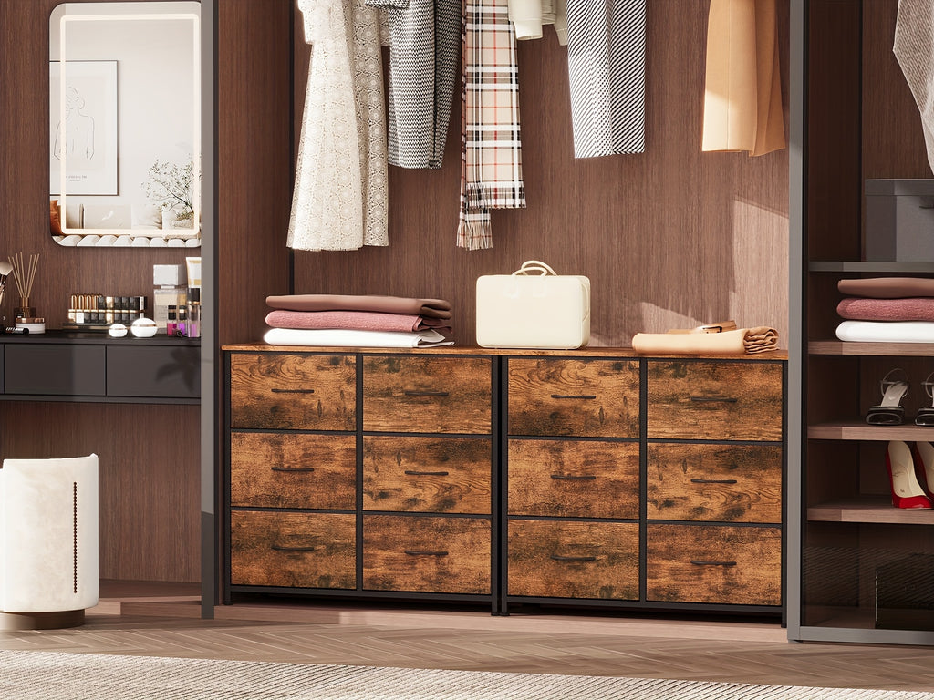 EUNOS Dresser for Bedroom with 6 Drawers, 3-Tier Wide Storage Chest of Drawers with Removable Fabric Bins for Closet Bedside Living Room Laundry Entryway Hallway
