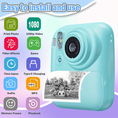 Instant Print Camera 1080P HD – 2.4" Screen, 3 Rolls Print Paper & 32GB SD Card Included, Rechargeable Battery, Type-C Charging, Pink & Blue – Birthday & Christmas Gift for Teens & Adults