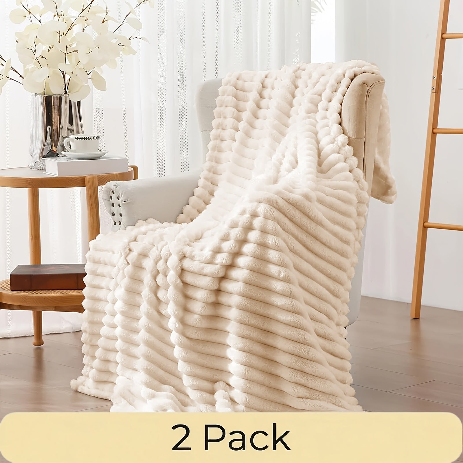 Faux Fur Rabbit Blanket Set of 2 – 260GSM Striped Luxury Plush Throw, OEKO-TEX Certified, Machine Washable, Cozy Sofa & Bed Blanket for Women & Men, Multiple Colours