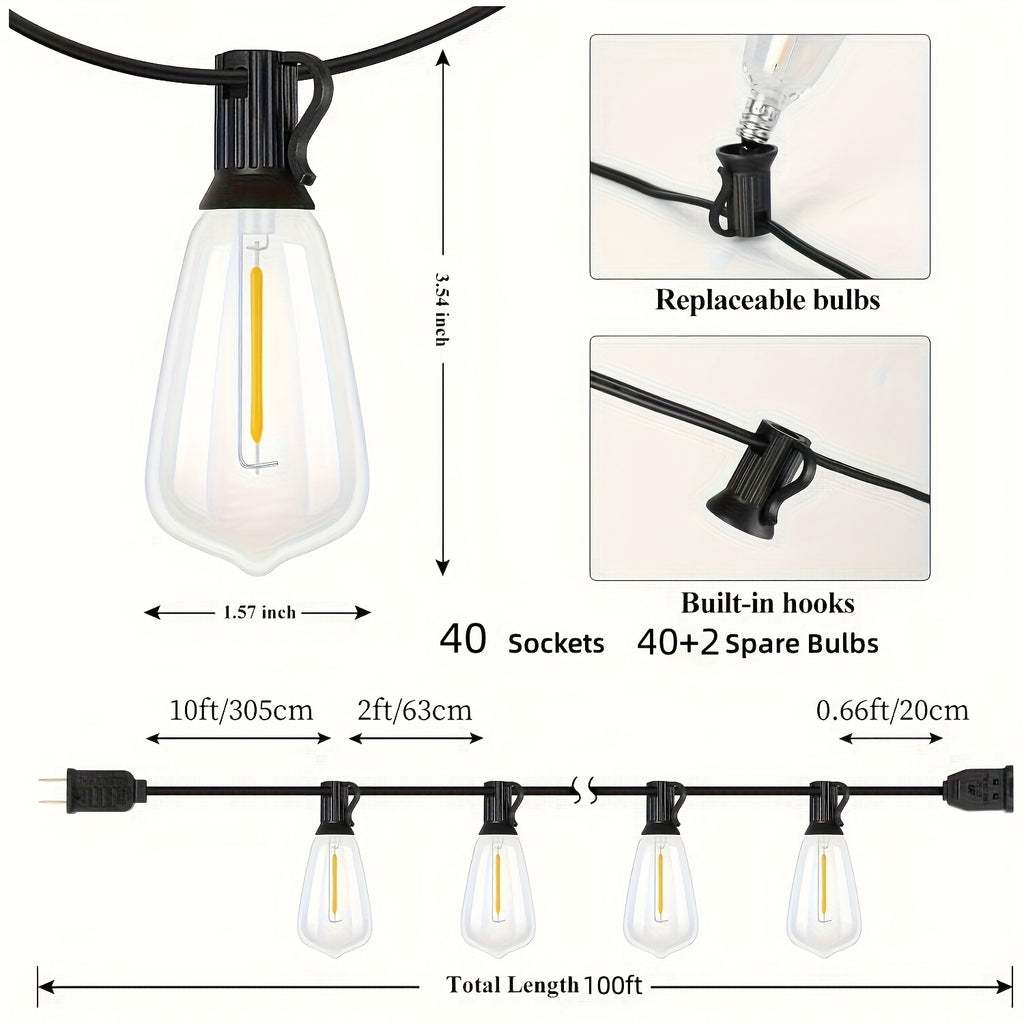 HYGX 50/100/150FT LED Outdoor String Lights, Patio Deck Lights With 20+1/40+2/60+2 ST38 Bulbs, Outside Hanging Lights Connectable For Garden, Porch, Patio, Balcony, Backyard, Party & Holiday Gift For Xmas Bistro, Halloween, Christmas Decoration