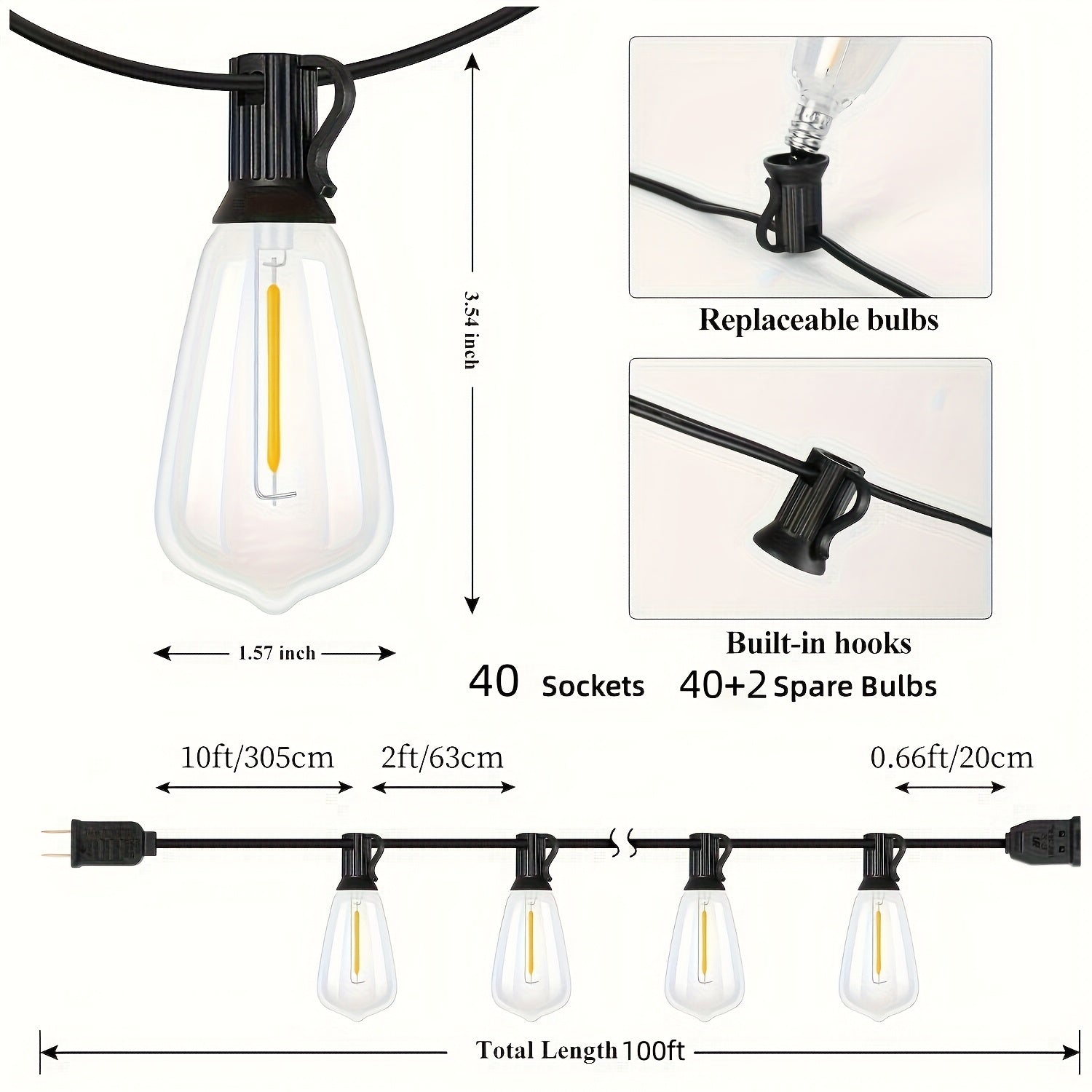 HYGX 50/100/150FT LED Outdoor String Lights, Patio Deck Lights With 20+1/40+2/60+2 ST38 Bulbs, Outside Hanging Lights Connectable For Garden, Porch, Patio, Balcony, Backyard, Party & Holiday Gift For Xmas Bistro, Halloween, Christmas Decoration