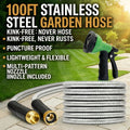 50Ft/ 100Ft Heavy-Duty Stainless Steel Garden Hose Ultra-Flexible, Puncture-Resistant Anti-Rust with 10-In-1 Nozzles Kink-Free 3/ 4" PVC Inner Layer All-Season Use