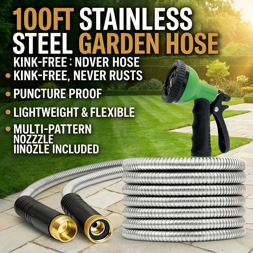 50Ft/ 100Ft Heavy-Duty Stainless Steel Garden Hose Ultra-Flexible, Puncture-Resistant Anti-Rust with 10-In-1 Nozzles Kink-Free 3/ 4" PVC Inner Layer All-Season Use