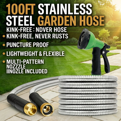 Stainless Steel Garden Hose 50ft/100ft Heavy Duty Kink-Free with 10-in-1 Nozzle – 304 Stainless Steel Flexible Puncture-Resistant Anti-Rust Hose, 3/4" PVC Inner Layer, All-Season Outdoor Use Canada